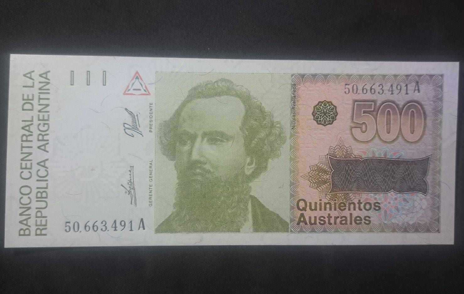 Argentina 500 Australes, P-328b, 1988-90, UNCIRCULATED; Features N. Avellaneda