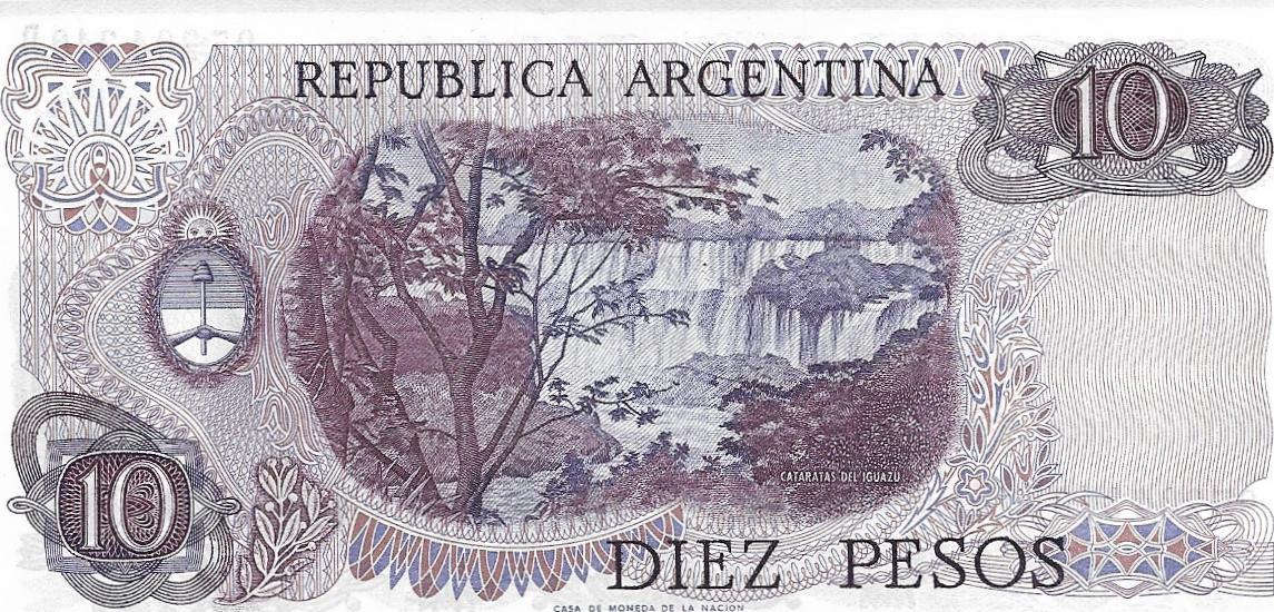 Argentina 10 Pesos, P-300; SIGNATURE VARIETY 1; UNCIRCULATED, 1976, features Waterfalls