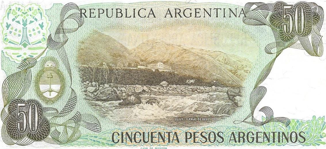 Argentina 50 Peso Argentinos, P-314; 1983-85; UNCIRCULATED; features Hot Springs