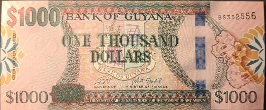 GUYANA 1000 Dollars, B-120a, UNCIRCULATED, 2019; features public Buildings, New Signatures