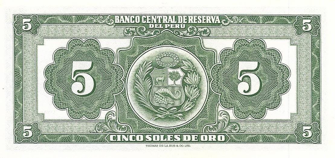 PERU 5 Soles de Oro, P-83, UNCIRCULATED, 1966; Featuring Liberty