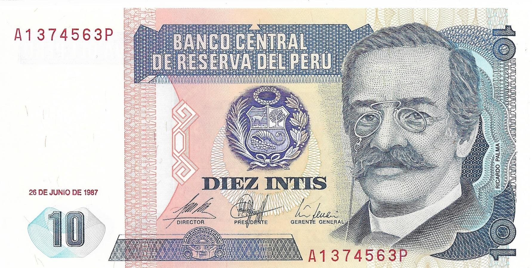 PERU 10 Intis, P-129b; UNCIRCULATED, 1987; features Cotton Farmers