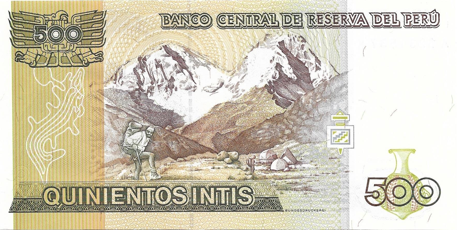 PERU 500 Intis, P-134b; UNCIRCULATED, 1987; features Mountain scene and climber