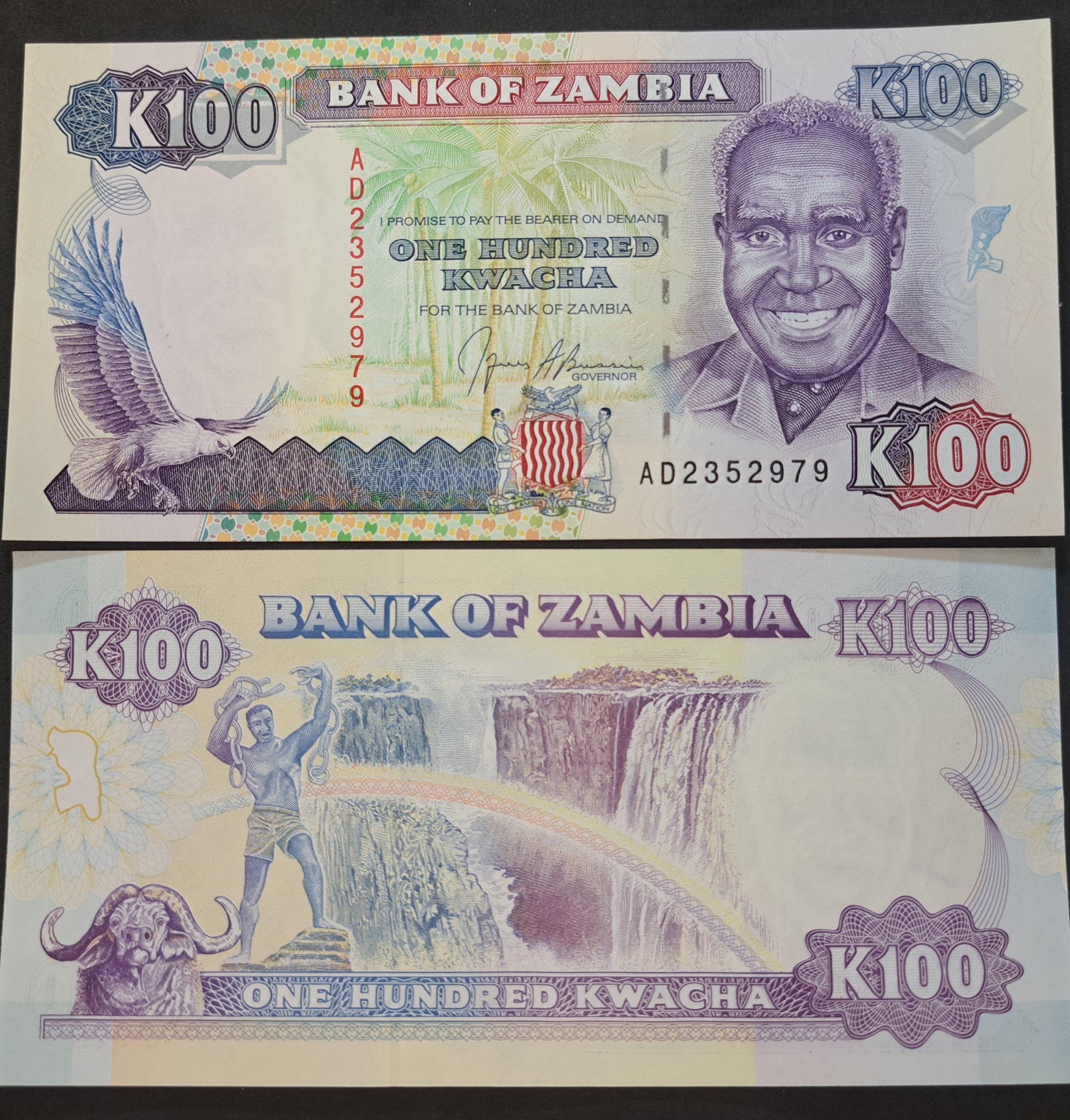 ZAMBIA 100 Kwacha, P-34, UNCIRCULATED, 1991; Features a Fish Eagle; Victoria Falls
