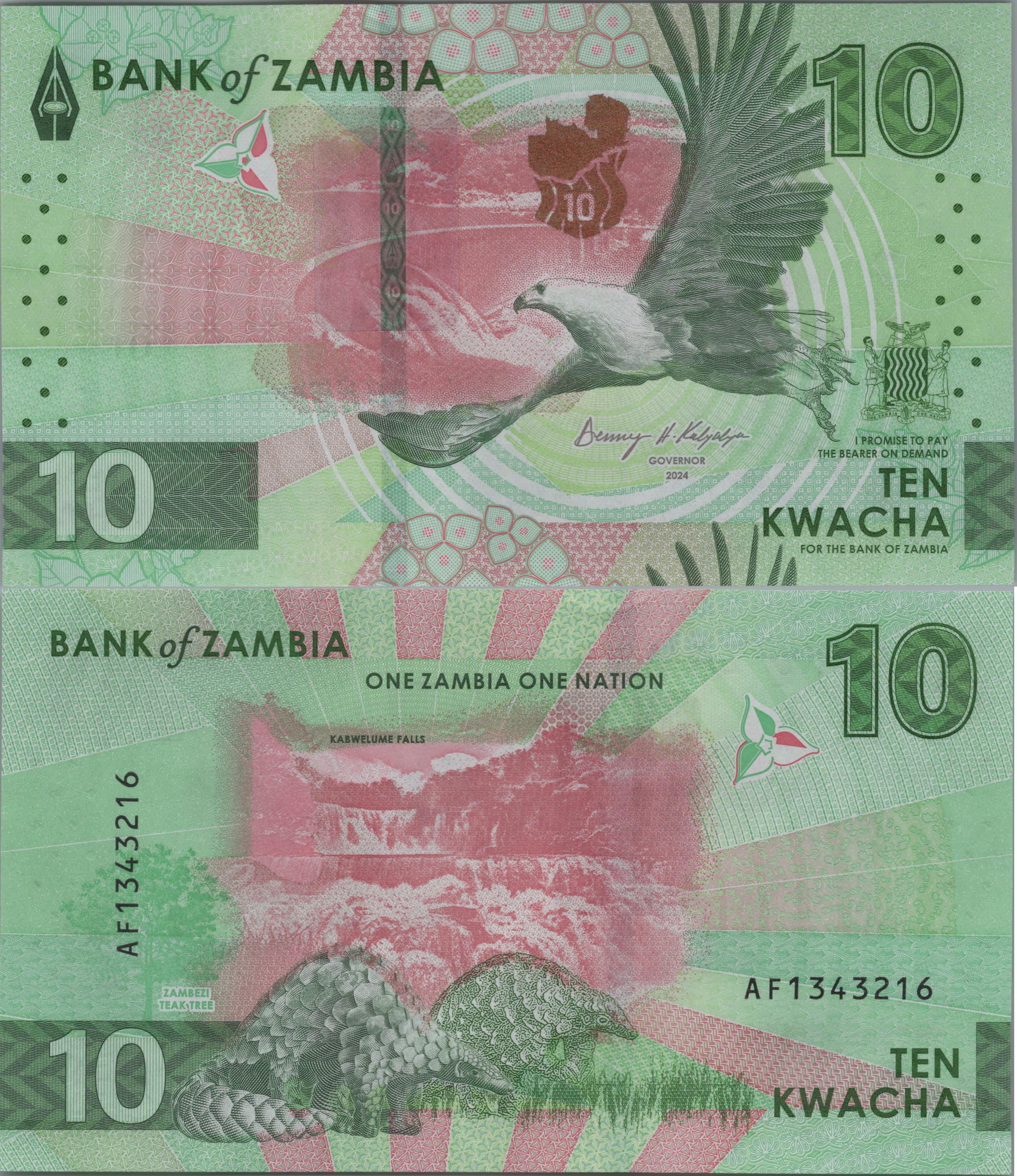 ZAMBIA 10 Kwacha, B171a, 2024, UNCIRCULATED; Features Kariba Dam and Eagle
