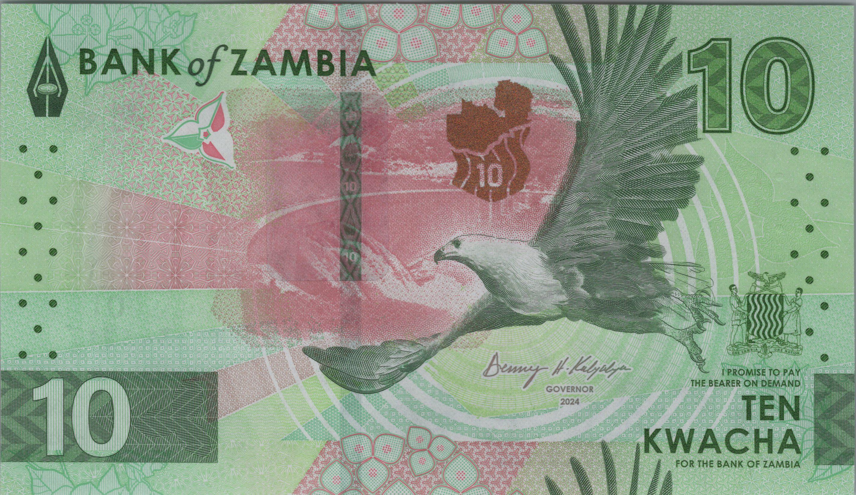 ZAMBIA 10 Kwacha, B171a, 2024, UNCIRCULATED; Features Kariba Dam and Eagle