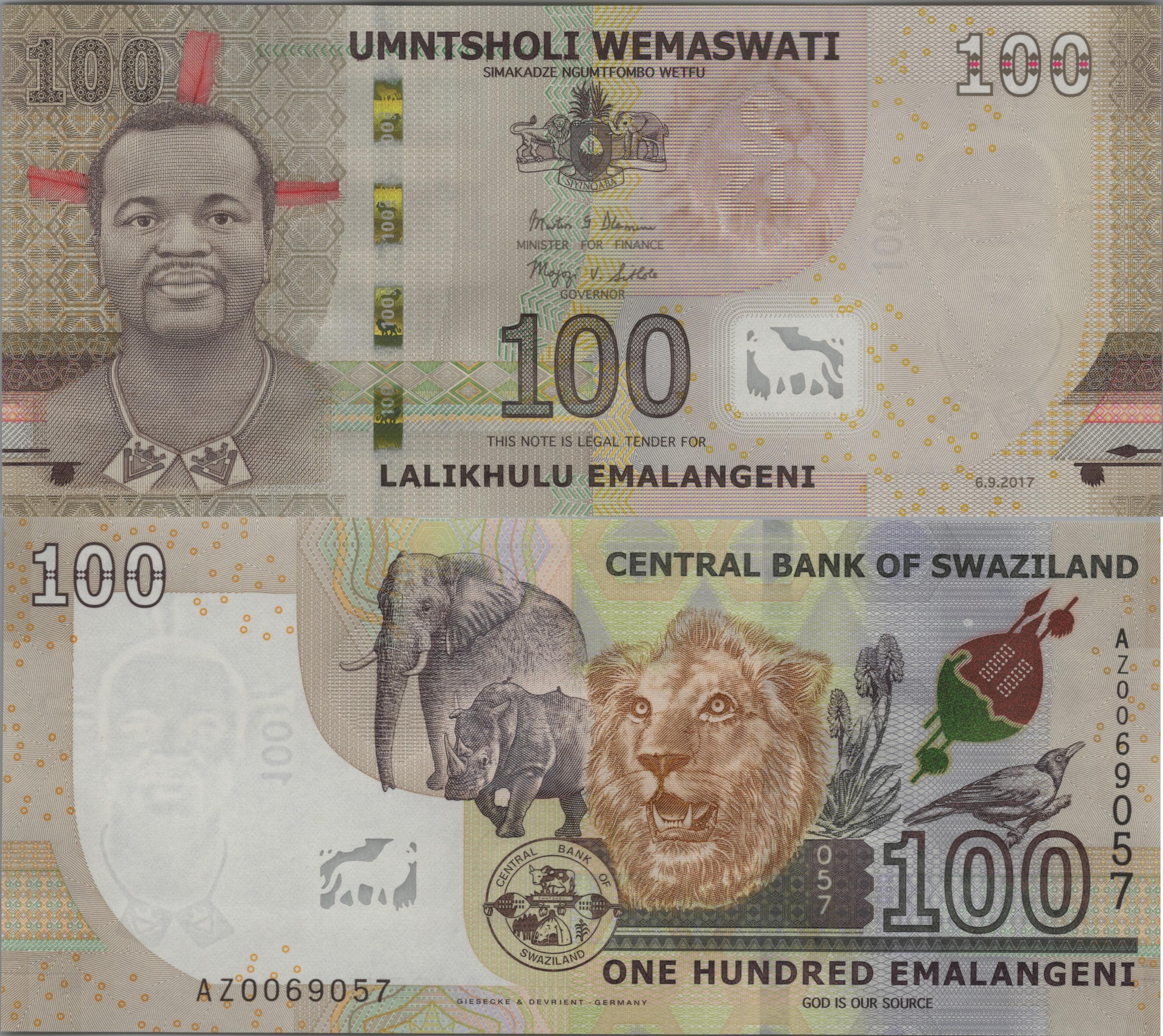 Eswatini (Swaziland) 10 Emalangeni , P42, 2017, UNCIRCULATED; Features Elephant, Rhino, Lion