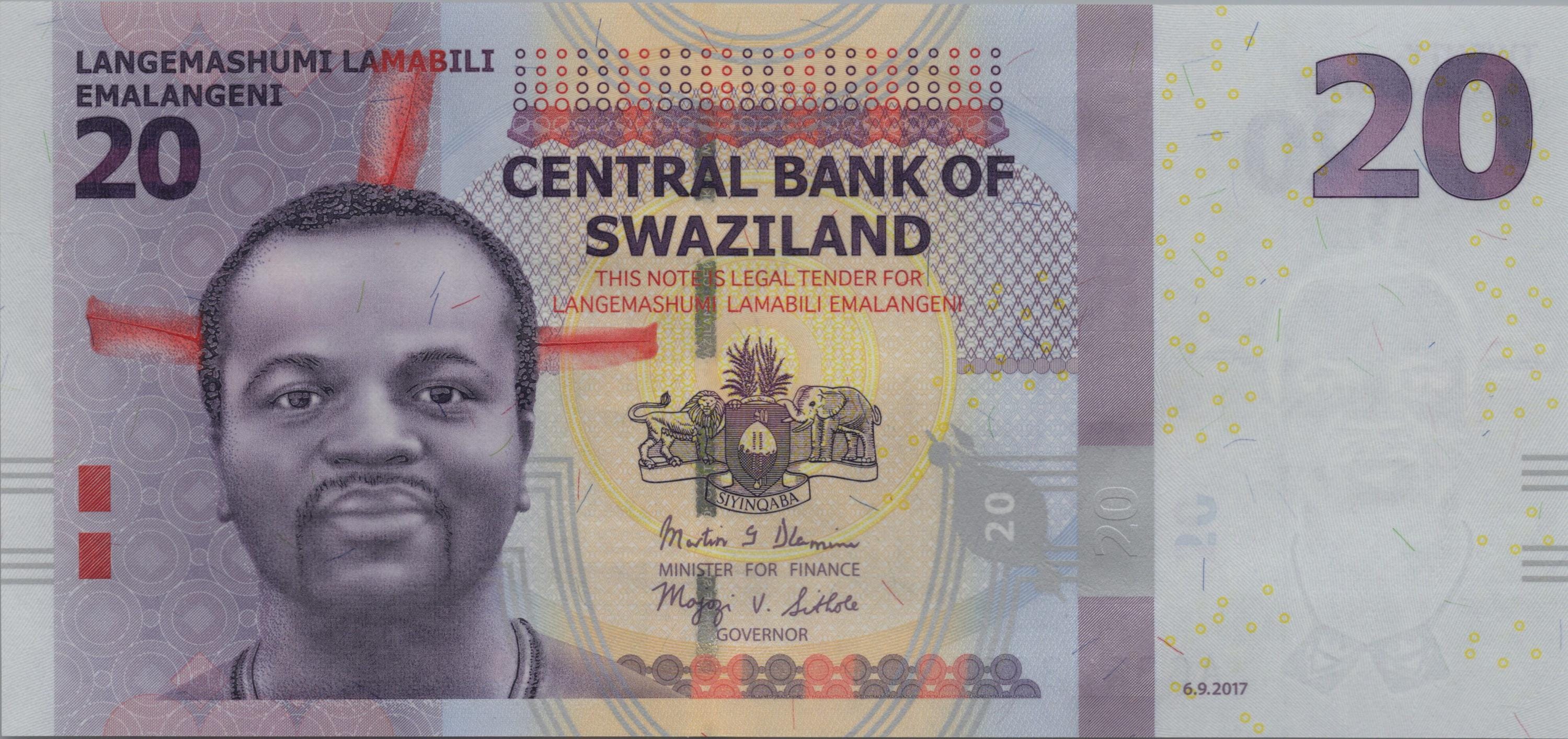 Eswatini (Swaziland) 20 Emalangeni , P37c, 2017, UNCIRCULATED; Features Flower. Corn. Steer