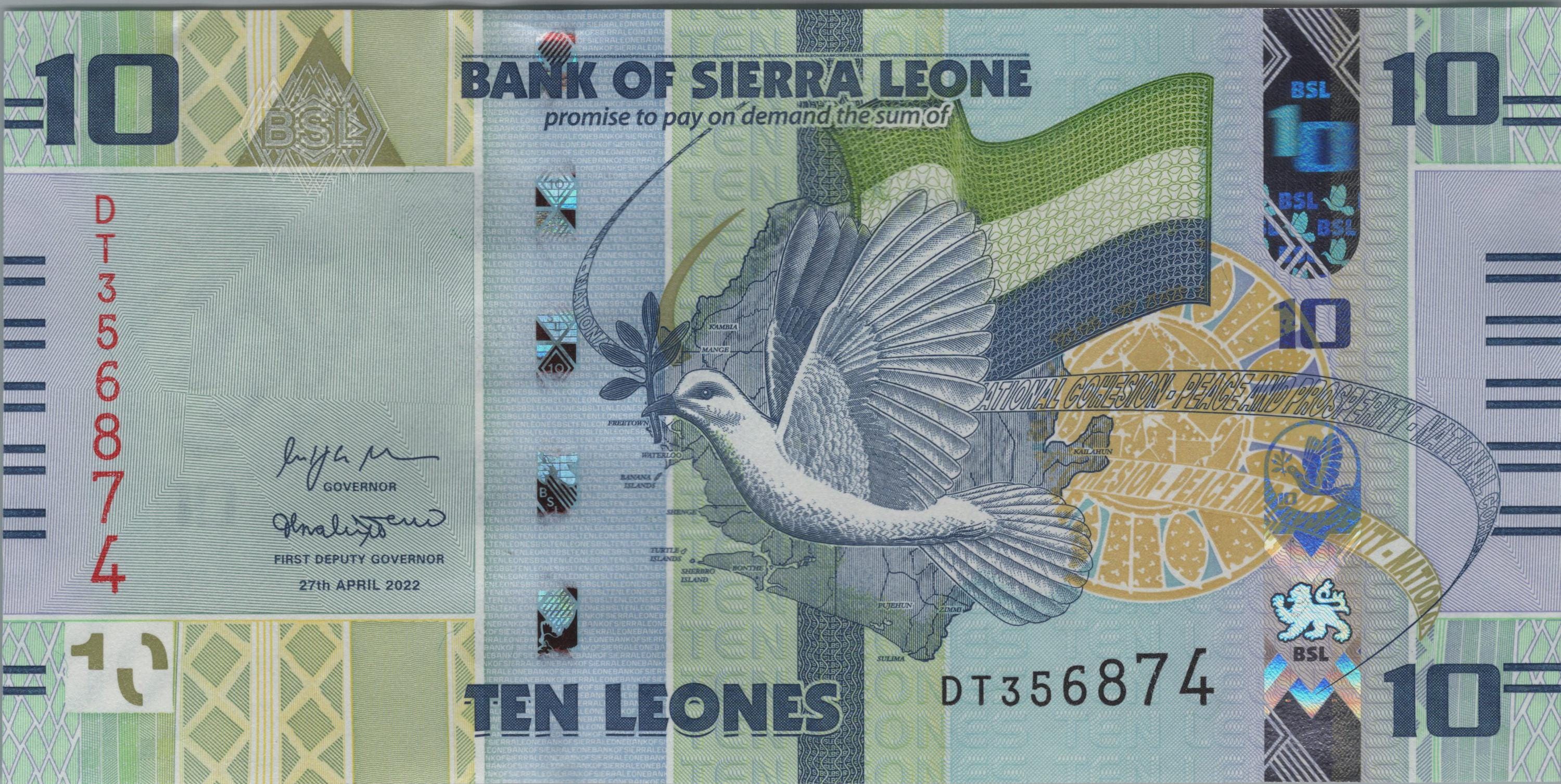 Sierra Leone 10 New Leones, B132a, 2017, UNCIRCULATED; Features a Dove, Cotton Tree
