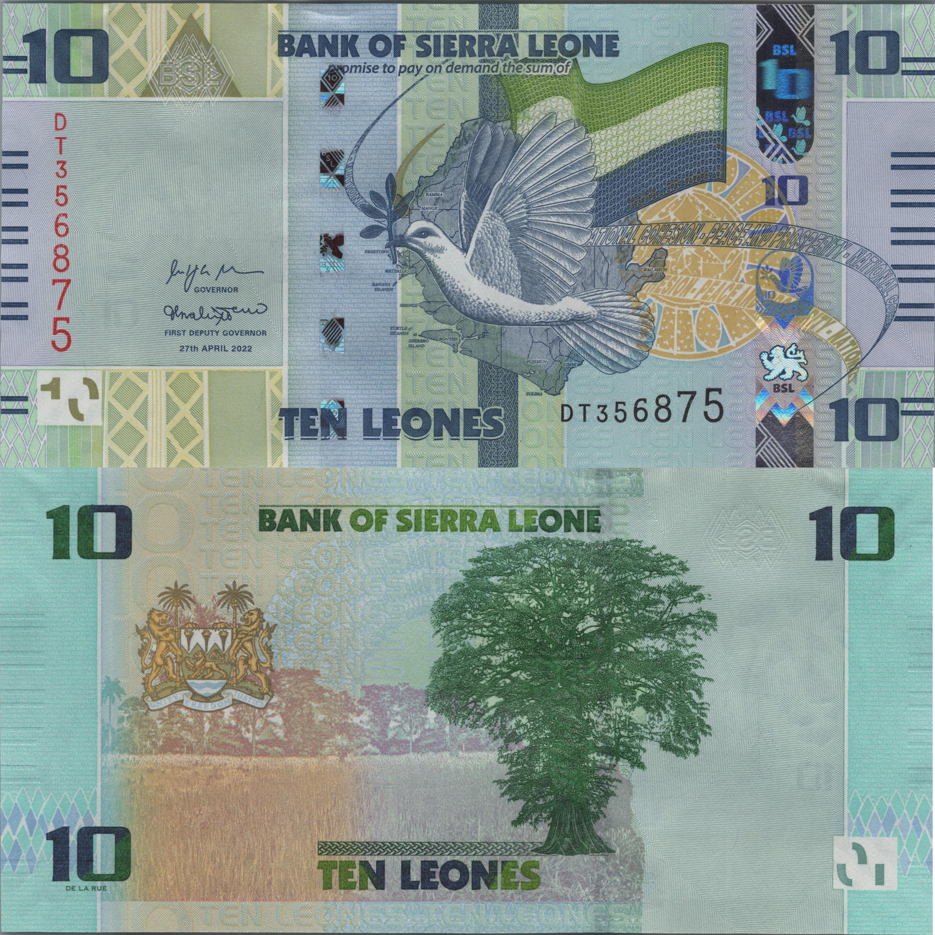 Sierra Leone 10 New Leones, B132a, 2017, UNCIRCULATED; Features a Dove, Cotton Tree