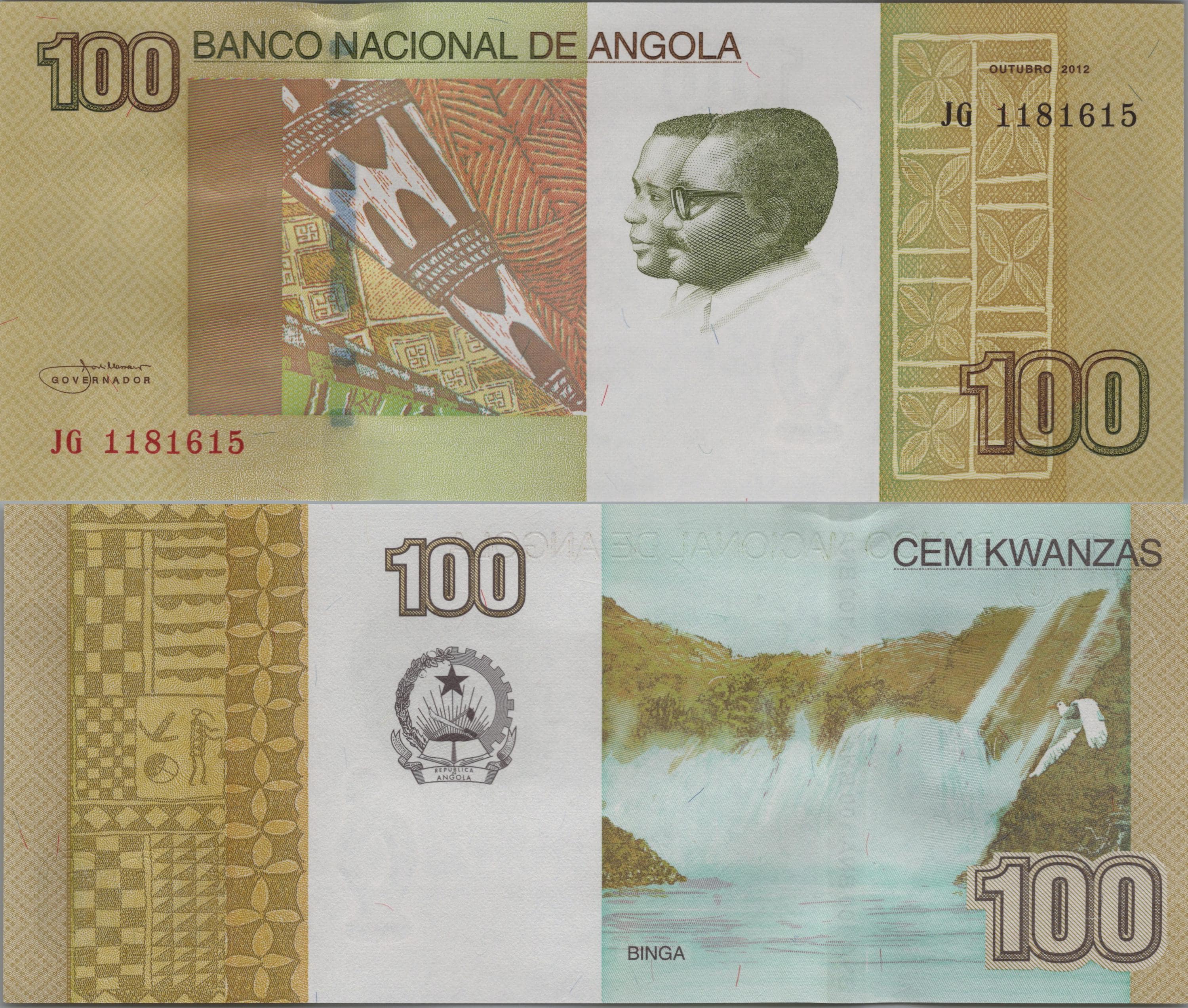 ANGOLA 100 Kwanzas, P153a, 2012, UNCIRCULATED; Features Binga Waterfall