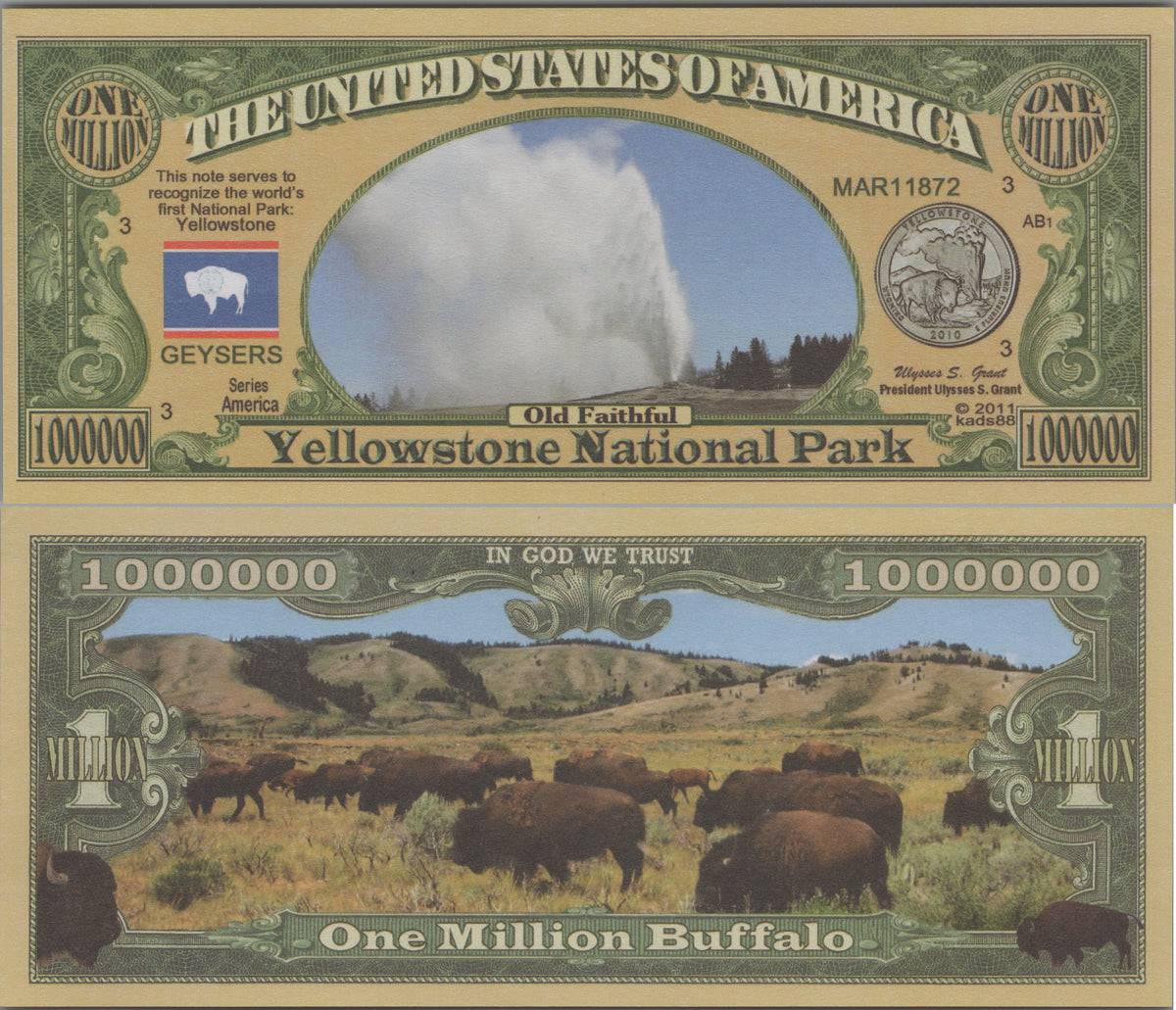 Yellowstone National Park, Fantasy Million Note; features Old Faithful and Bison