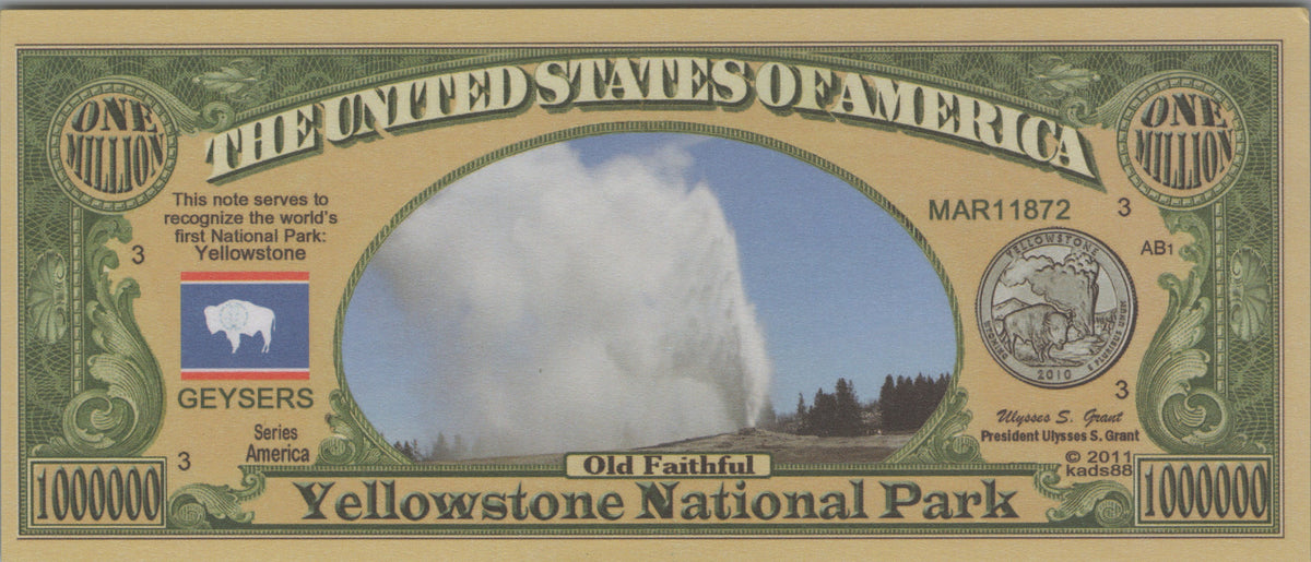 Yellowstone National Park, Fantasy Million Note; features Old Faithful and Bison