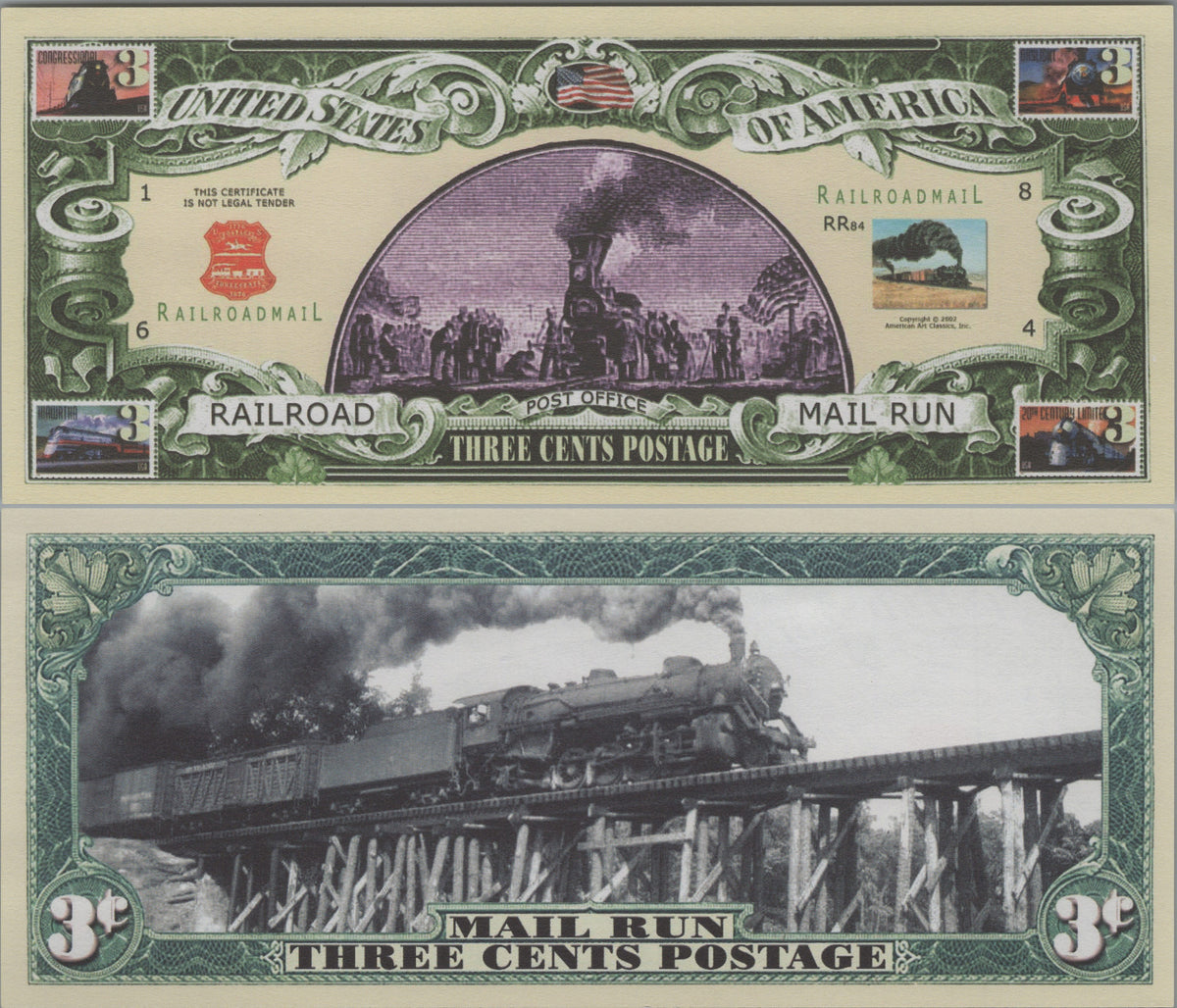 First Railroad Mail Run, Three Cents, Fantasy Note; features Steam Trains