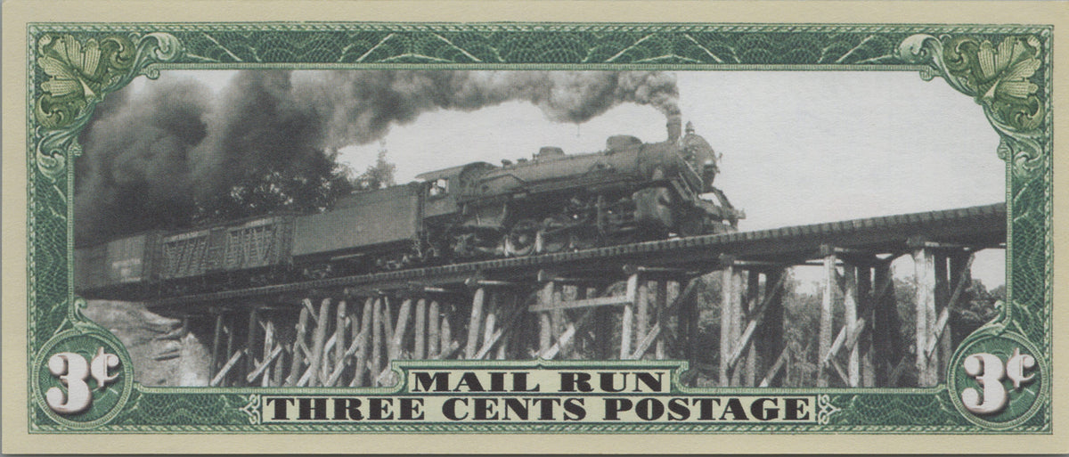 First Railroad Mail Run, Three Cents, Fantasy Note; features Steam Trains