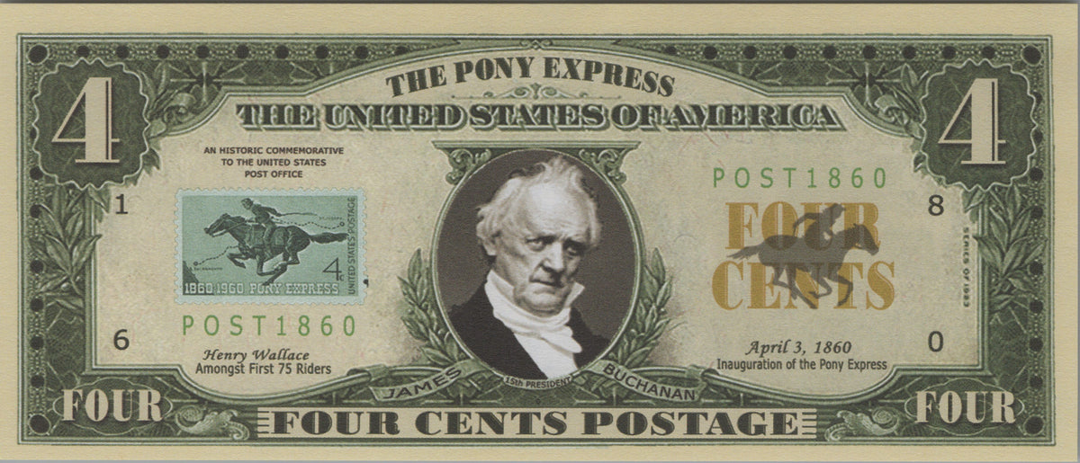 Pony Express, Four Cents, Fantasy Note; features James Buchanan