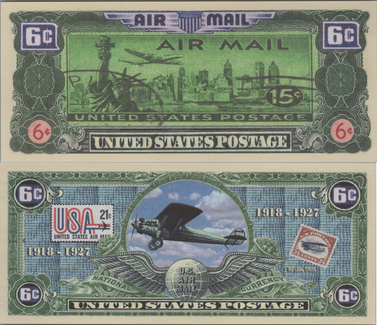 Air Mail, Six Cents, Fantasy Note; features Aircraft and Postage Stamps