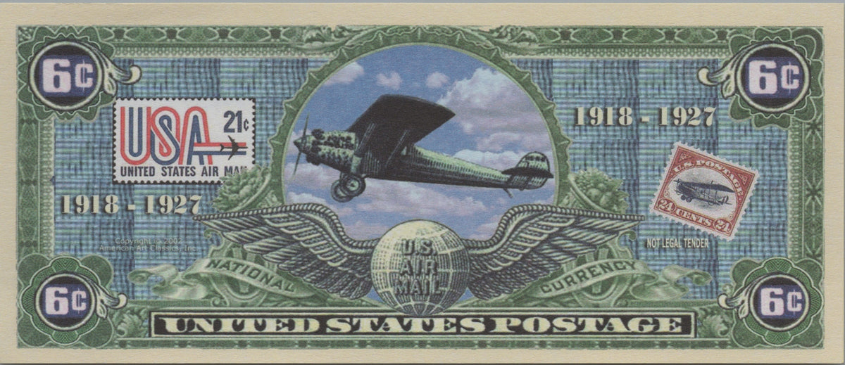 Air Mail, Six Cents, Fantasy Note; features Aircraft and Postage Stamps