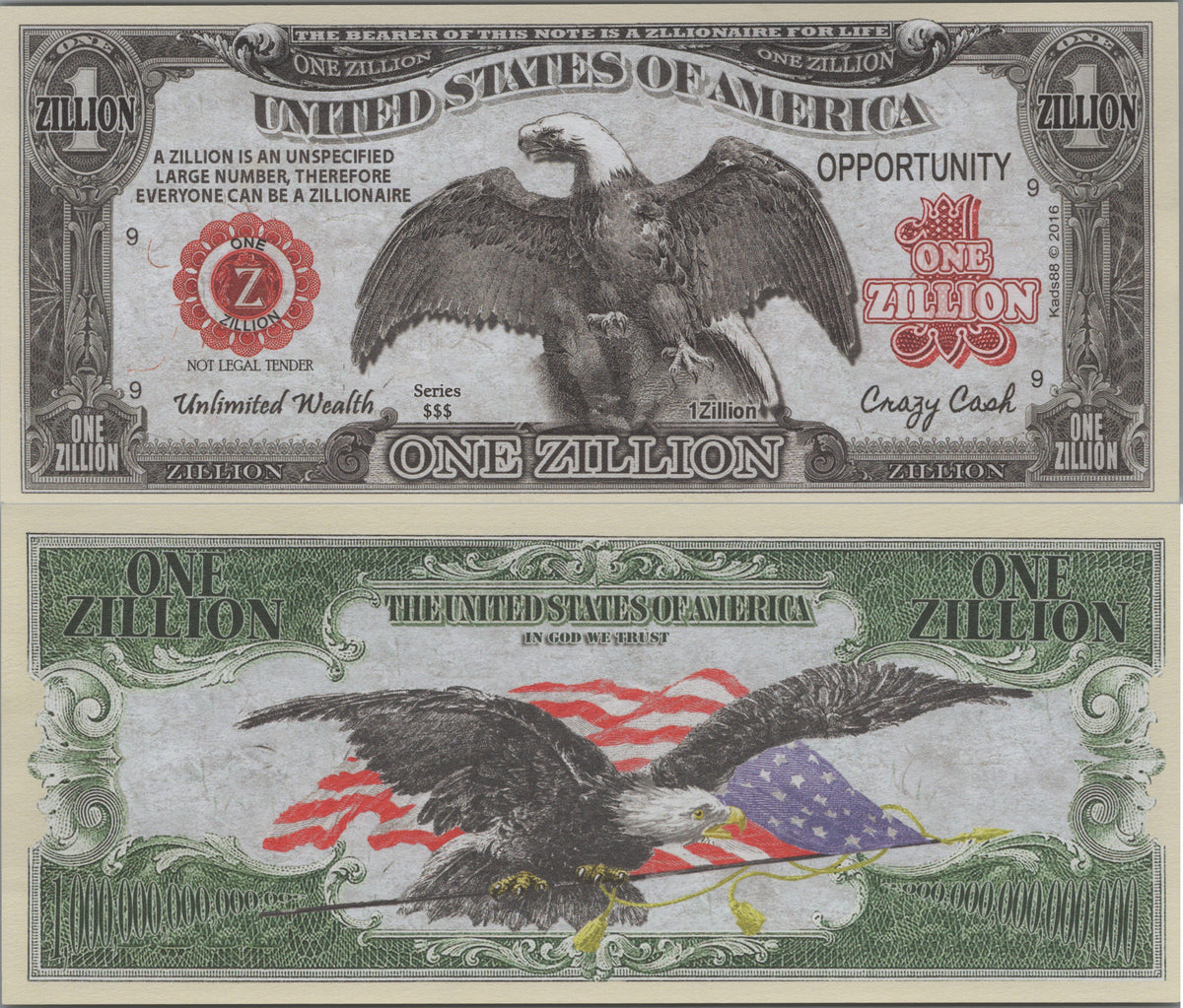 Unlimited Wealth & Opportunity Zillion, Fantasy Note; features Bald Eagles