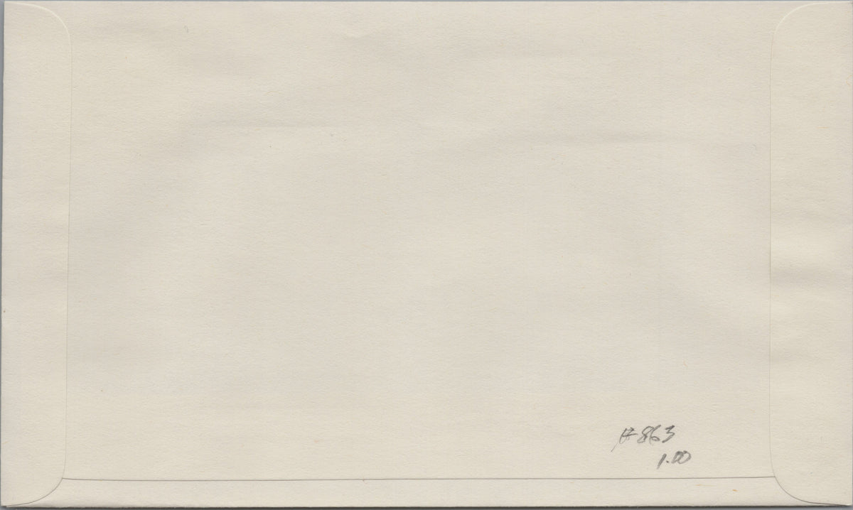 Reverse of Saskatchewan First Day Cover, Scott 863, with handwritten number and price