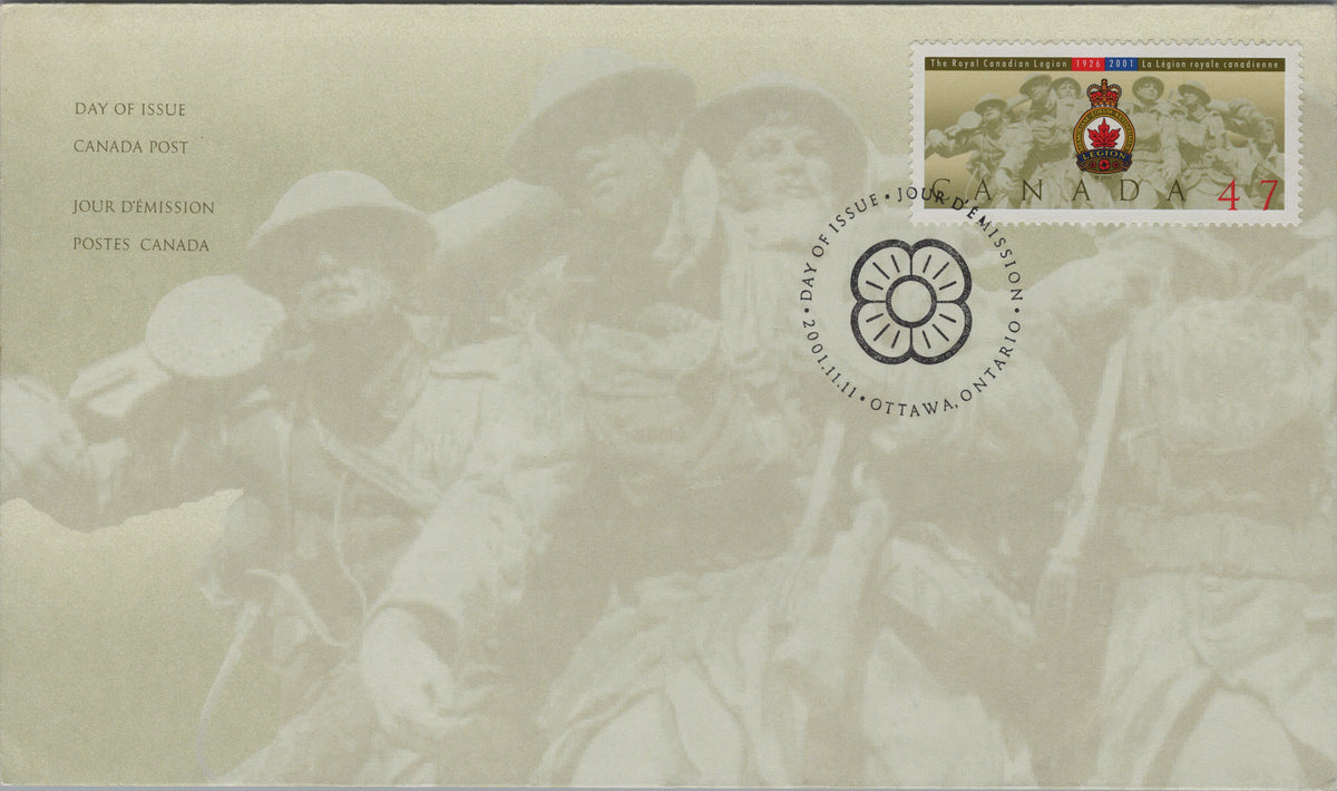 Canada 2001 First Day Cover, 47¢ Royal Canadian Legion 75th Anniversary, Scott 1926