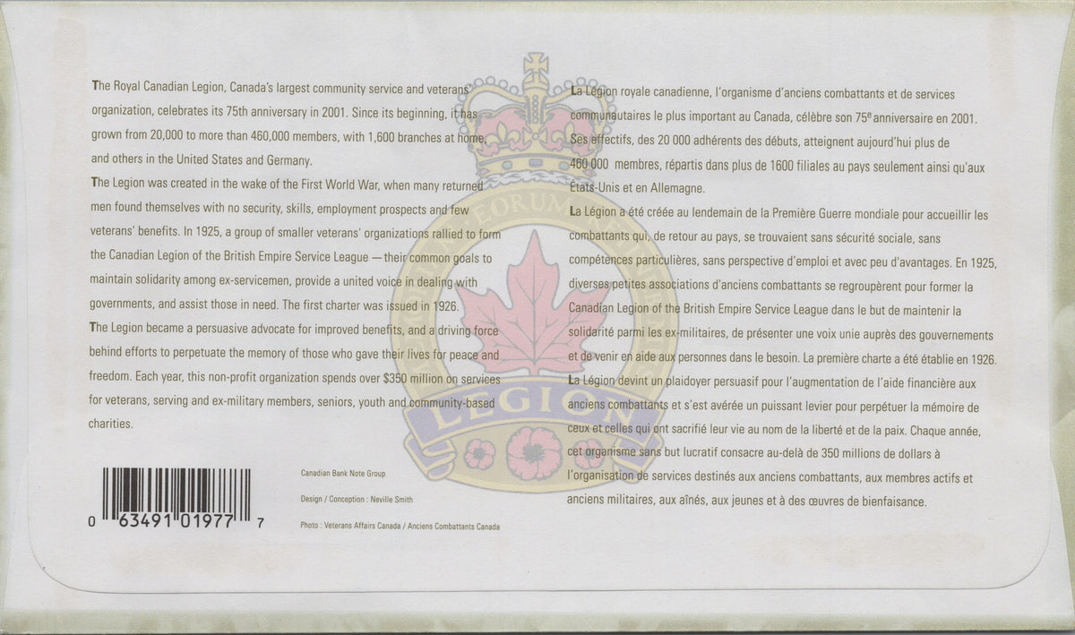 Canada 2001 First Day Cover, 47¢ Royal Canadian Legion 75th Anniversary, Scott 1926