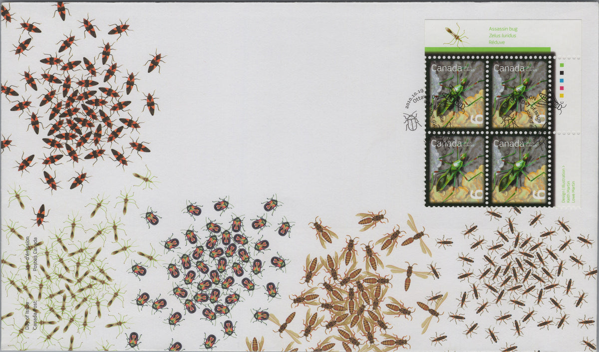 Canada 2010 Assassin Bug upper-right inscription block First Day Cover, Scott 2407