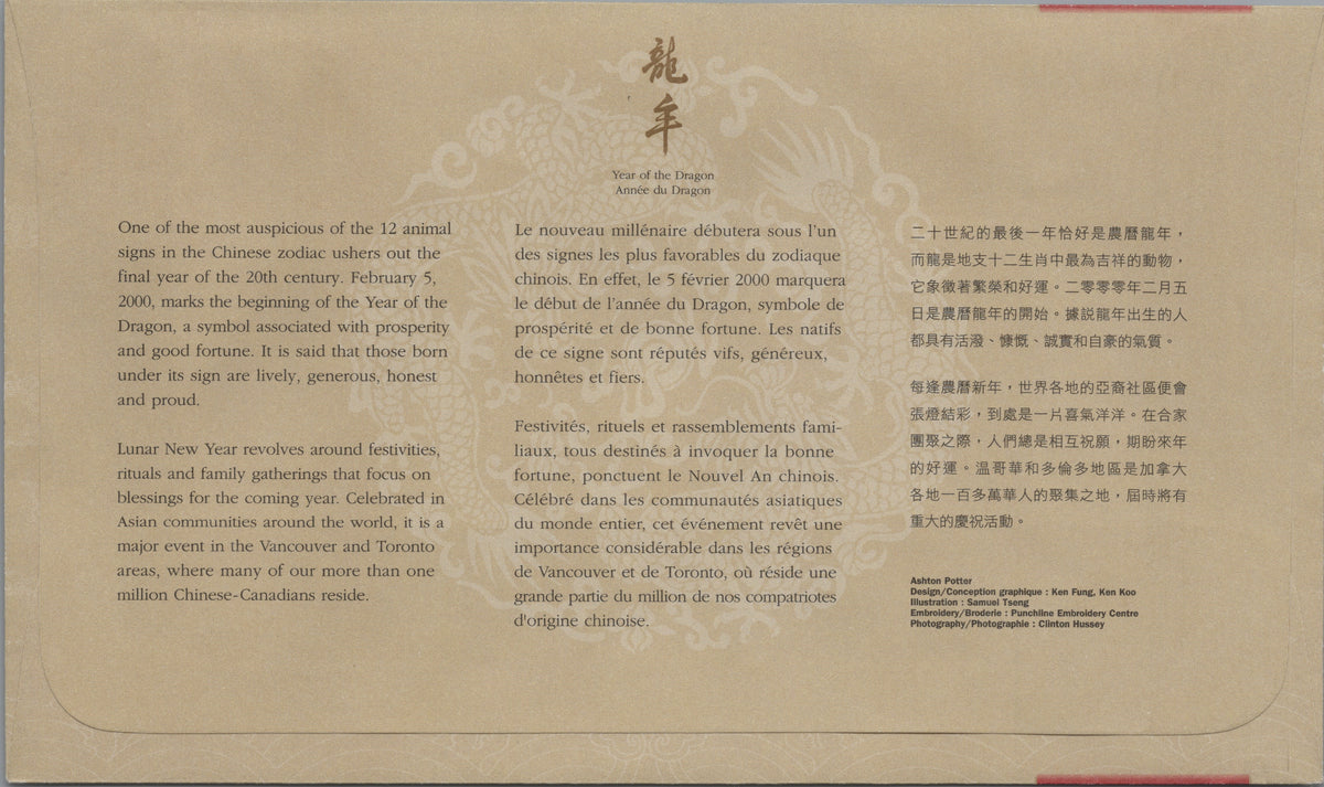 Reverse of Canada 2000 Year of the Dragon First Day Cover