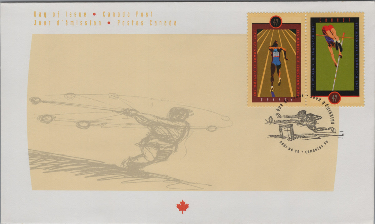 Canada 2001 World Athletics Championships two-stamp First Day Cover, Scott 1907 and 1908