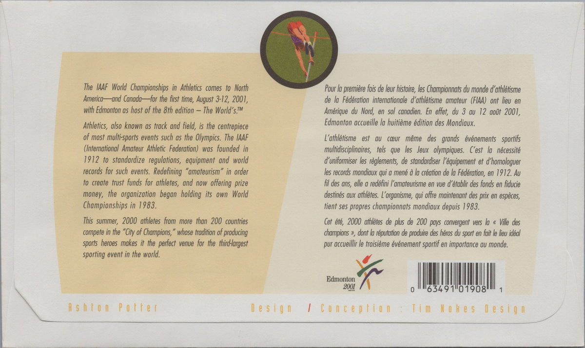 Reverse of Canada 2001 World Athletics Championships First Day Cover