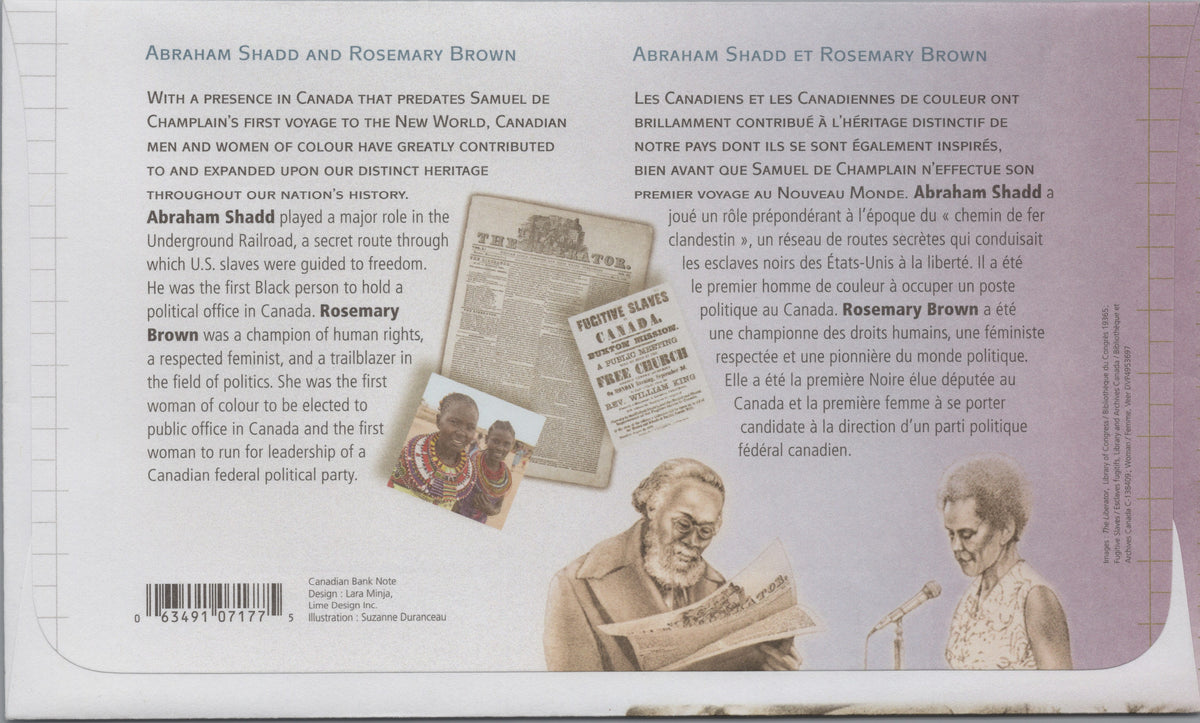 Canada 2009 Rosemary Brown and Abraham Shadd FDC reverse