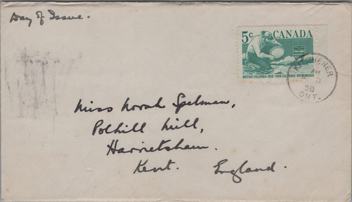 Canada 1958 British Columbia centenary cover front, Kitchener