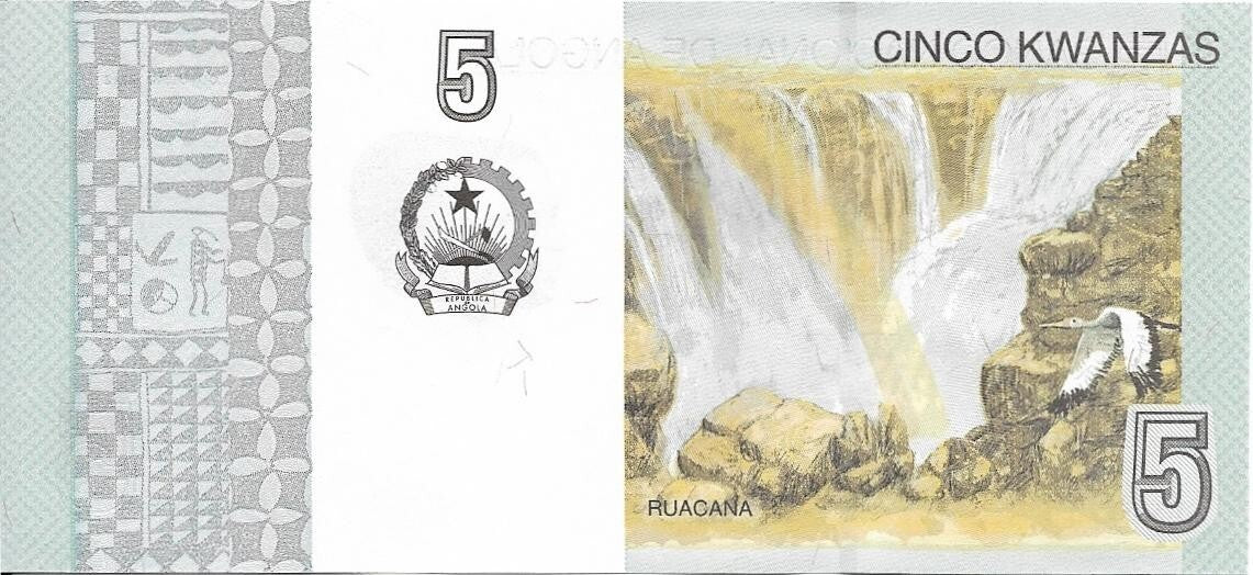 Angola 5 Kwanzas P -151A, AU - UNC, Ruacana Waterfalls TRIPLE 777 Serial Number