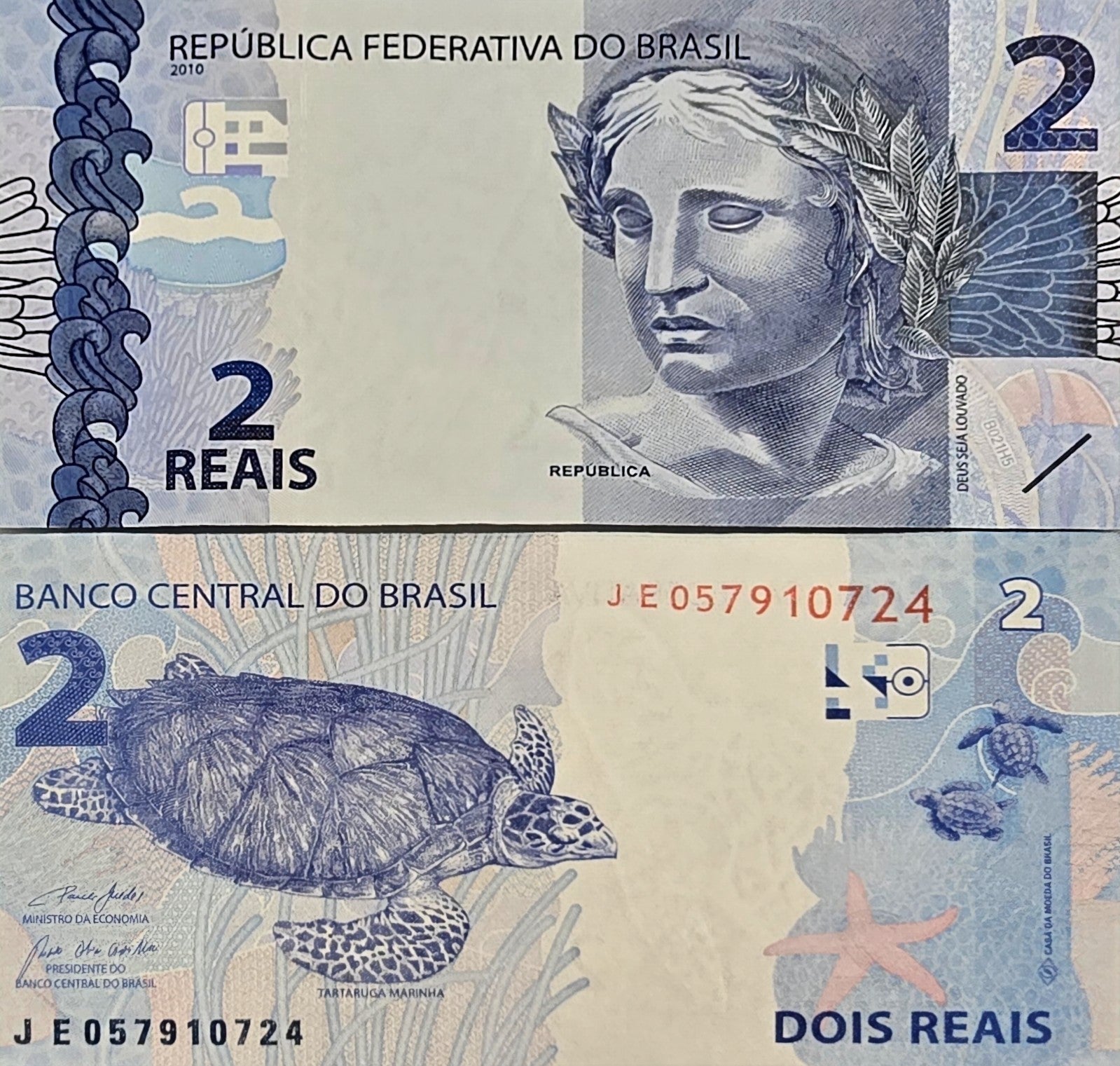 Brazil 2 Reais, B-874h, UNCIRCULATED, 2020, features a Turtle and as a watermark
