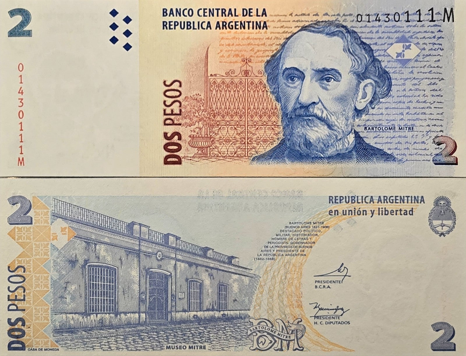 Argentina 2 Pesos, P-352, Series M, Signature variety, 2002, UNCIRCULATED