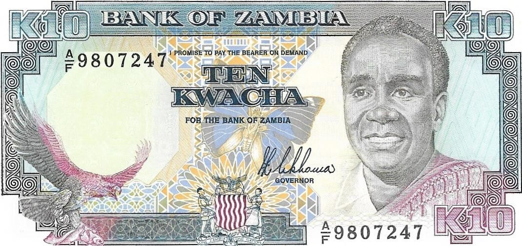 ZAMBIA 10 Kwatcha, 1991, UNCIRCULATED, P-31a; Hard Signature; GIRAFFE