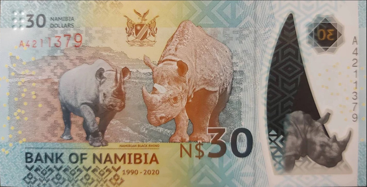 NAMIBIA 30 Dollars; B-218; UNC; 2020; 30 Years; Rare denomination; Rhinoceros