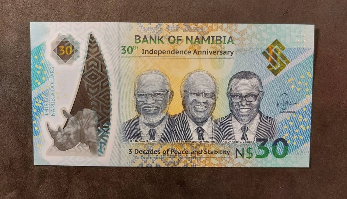 NAMIBIA 30 Dollars; B-218; UNC; 2020; 30 Years; Rare denomination; Rhinoceros