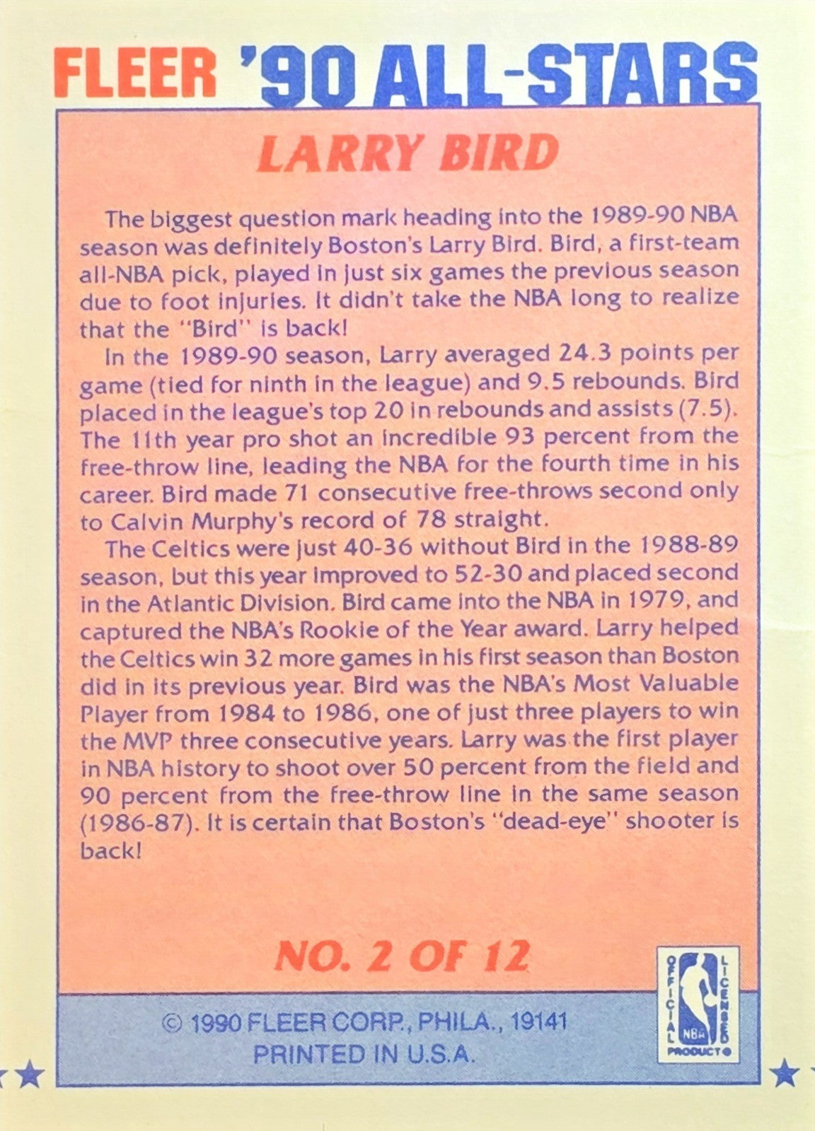 1990-91 Fleer - All-Stars #2 Larry Bird Poor (Creases) - Boston Celtics