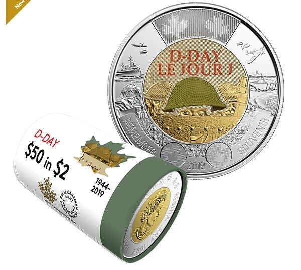 2019 CANADA; D-Day $2 Dollar Coin - NON-Colored Version; BU from roll