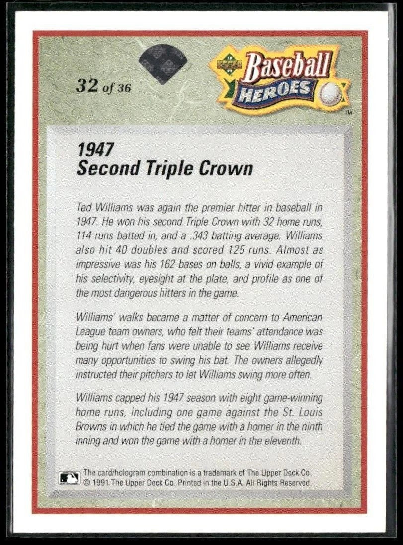 1992 Upper Deck - Baseball Heroes: Ted Williams #32 NM Boston Red Sox