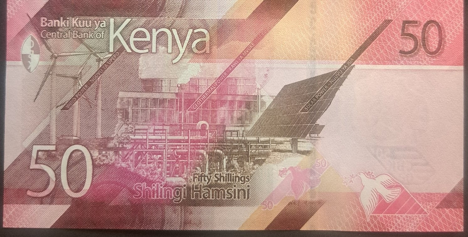 KENYA 50 Shillings; B-144a; UNC; 2019; featuring Solar Power and Wind Turbines