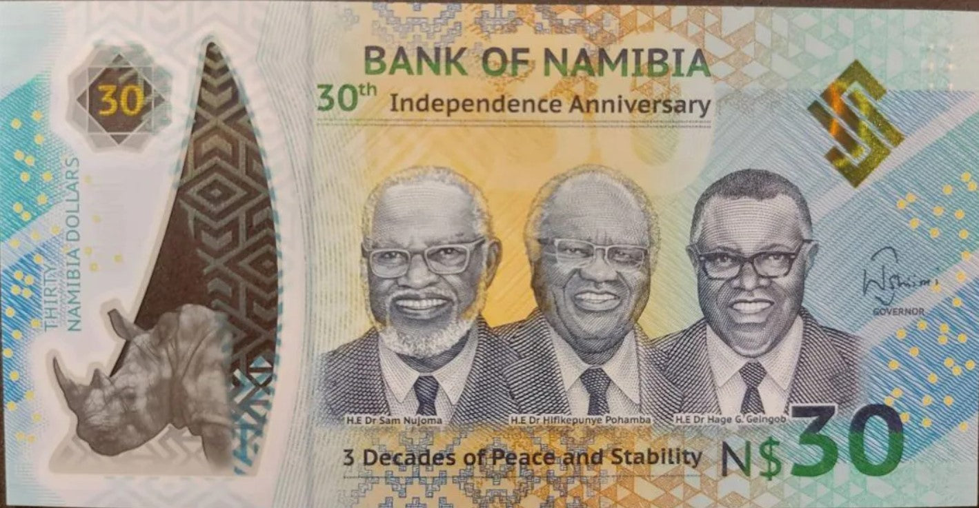 NAMIBIA 30 Dollars; B-218; UNC; 2020; 30 Years; Rare denomination; Rhinoceros