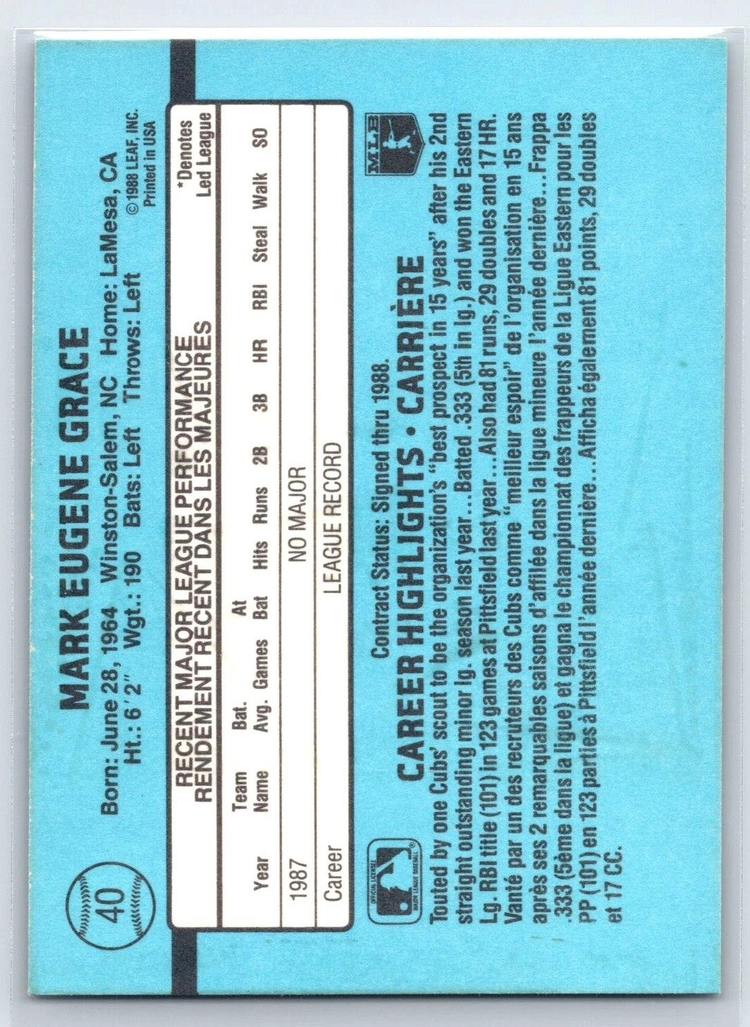 1988 Leaf #40 Mark Grace RC NM Chicago Cubs