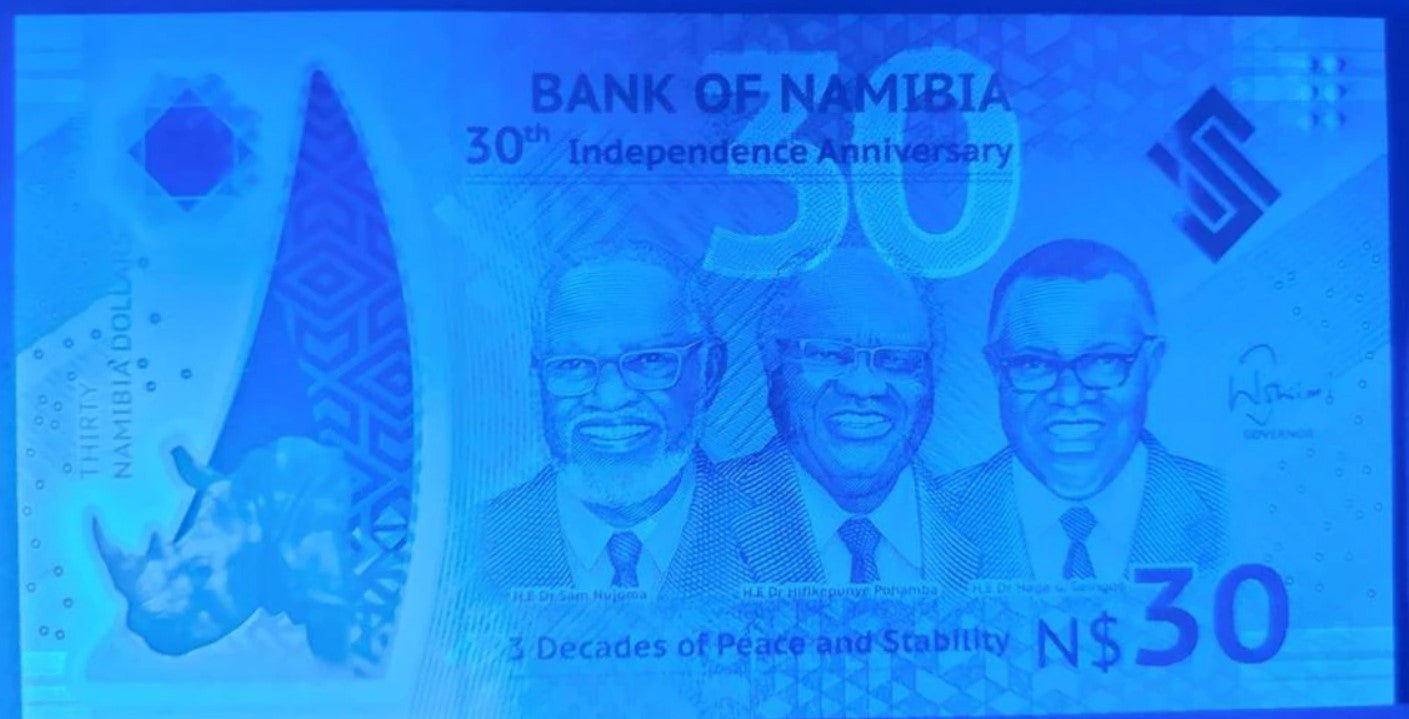 NAMIBIA 30 Dollars; B-218; UNC; 2020; 30 Years; Rare denomination; Rhinoceros
