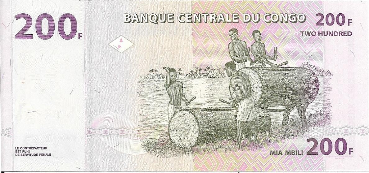 CONGO 200 Francs - P-99a, UNC from 2007, Workers and Drummers