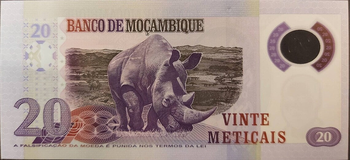 MOZAMBIQUE 20 Meticais; P -149b; Crisp UNC; 2017; POLYMER; Features a Rhinoceros