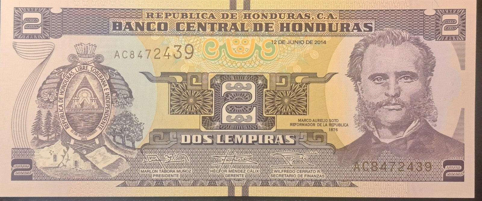 HONDURAS 2 Lempiras P - 97b ~ UNC from 2014, features a Mountain