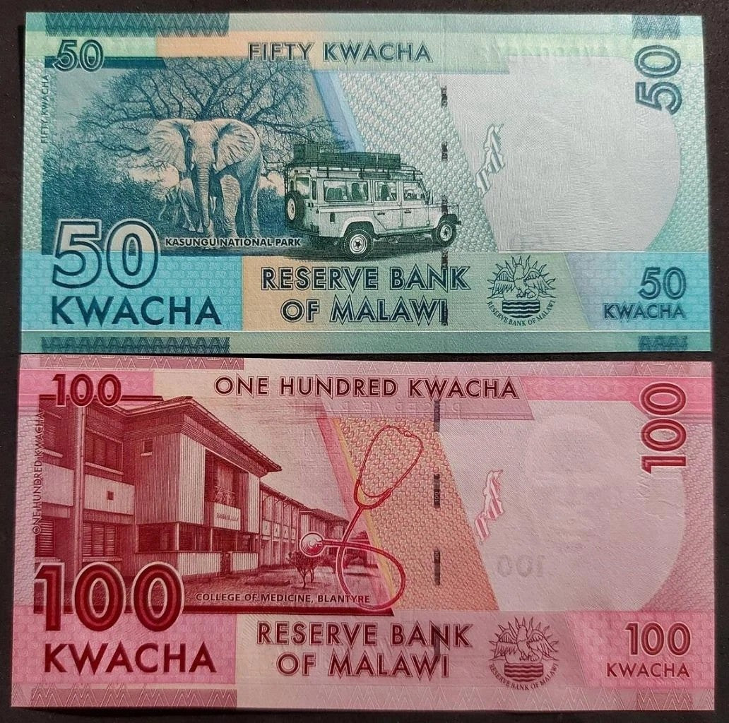 MALAWI Banknote SET; 50 and 100 Kwacha; P-64c and 65c; UNCIRCULATED