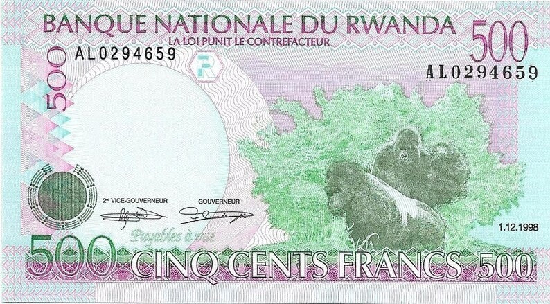 Rwanda 500 Francs, P - 26a, UNC from 1998, Featuring MOUNTAIN GORILLAS